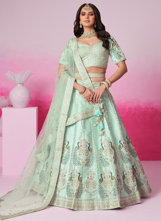 Pure Silk Sea Green Bridal Wear Sequins Work Lehenga Choli